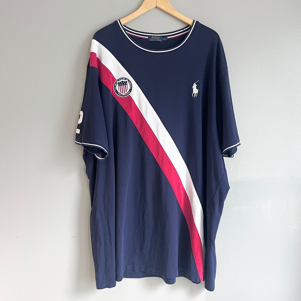 Polo Ralph Lauren Rugby T-Shirt Mens 4XLT Navy USA Flag #2 Stripes Sporty Preppy